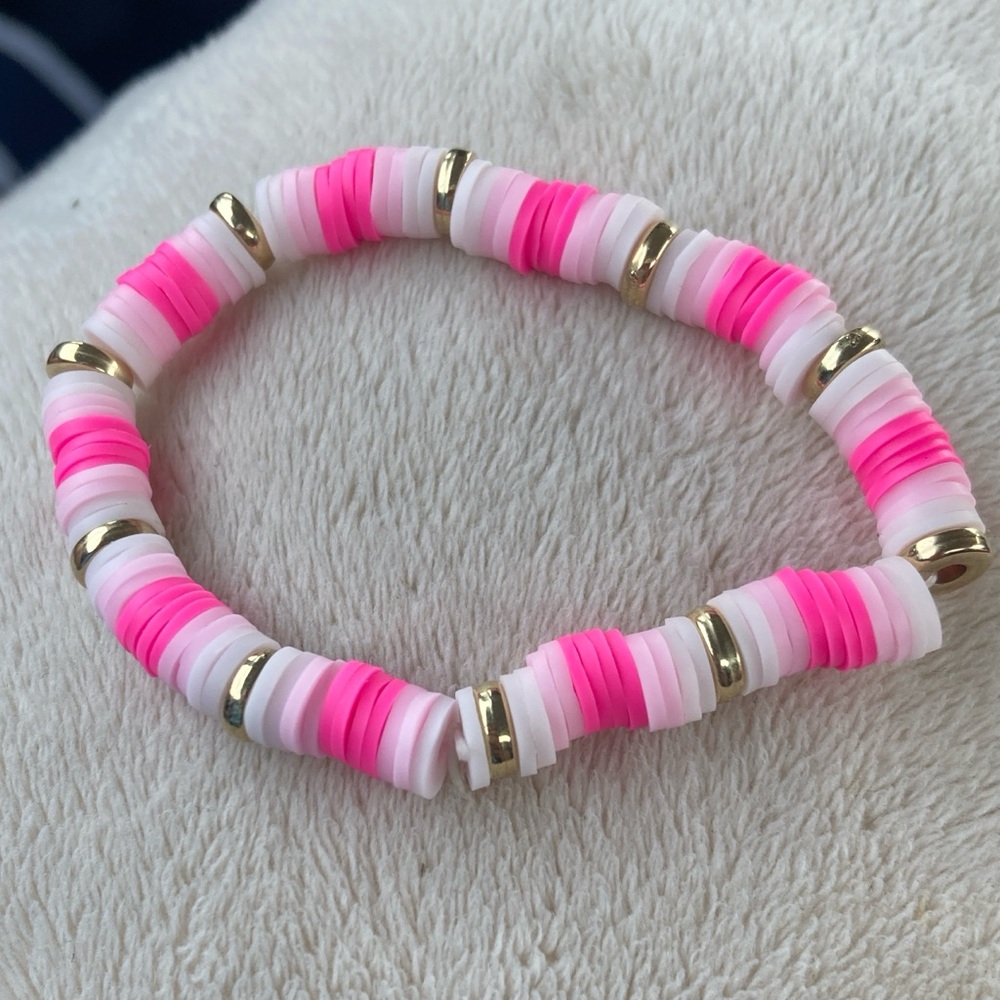 Pink and White Beaded Bracelet with Gold Accents